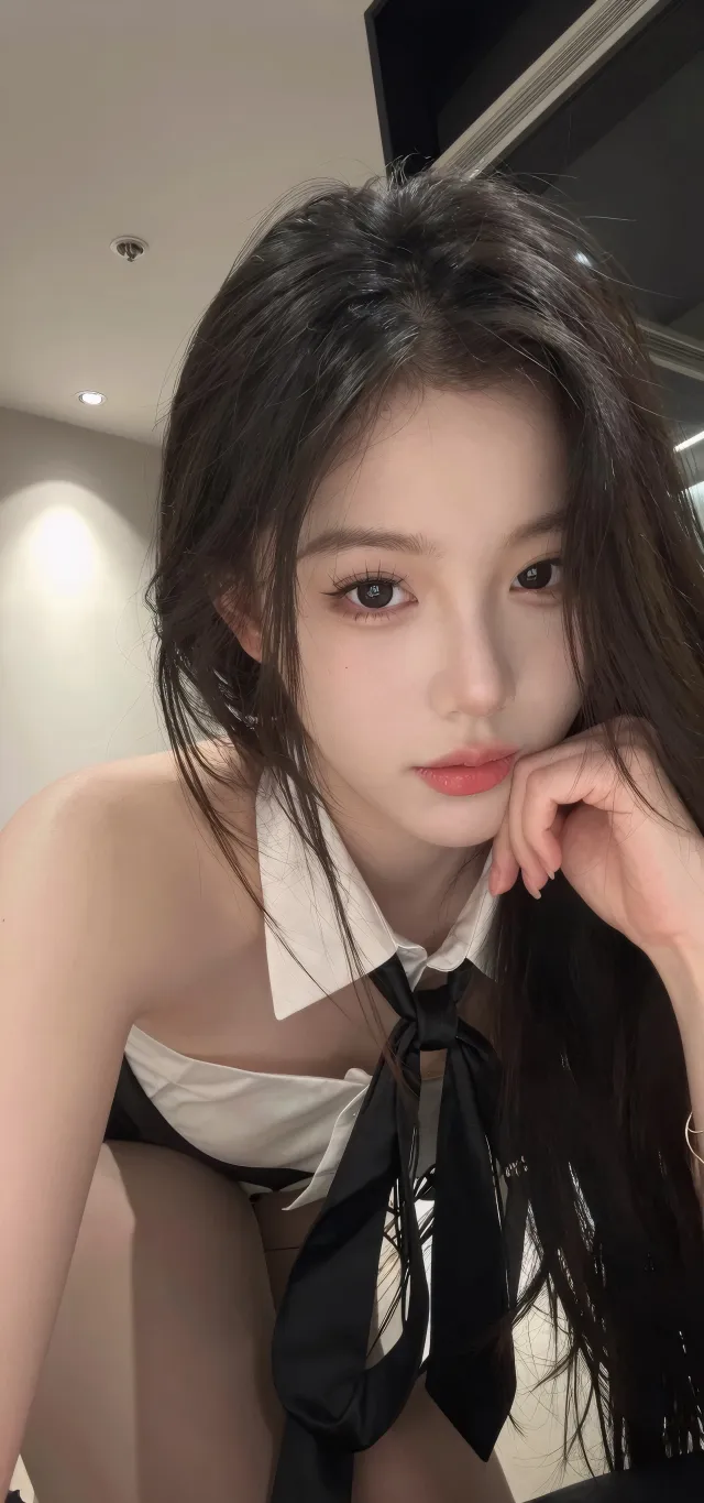 美女穿黑白拼接露肩上衣手托下巴人物手机壁纸