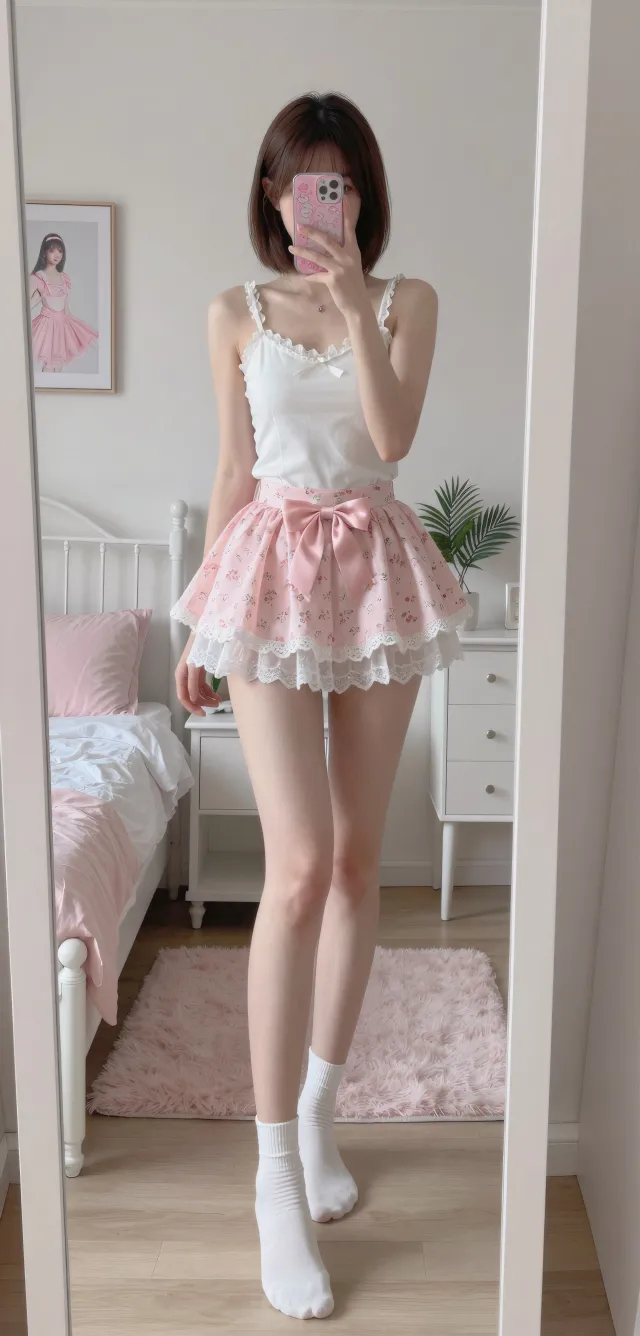 粉白碎花裙居家甜美穿搭美女手机壁纸