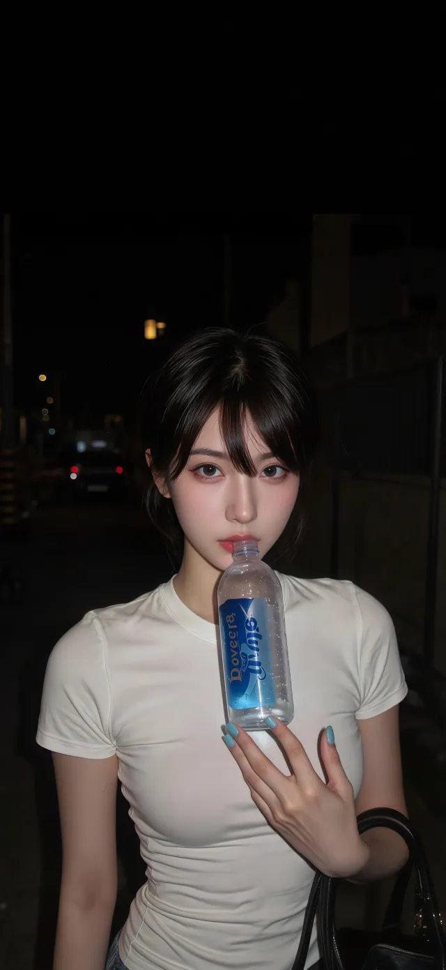 夜晚白衣少女手持水瓶手机壁纸