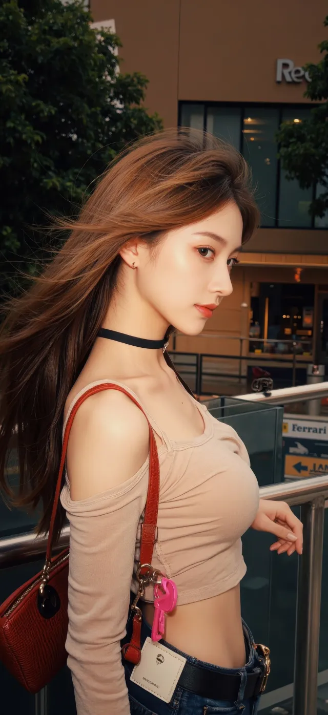 棕发美女露肩上衣街拍休闲人物摄影手机壁纸
