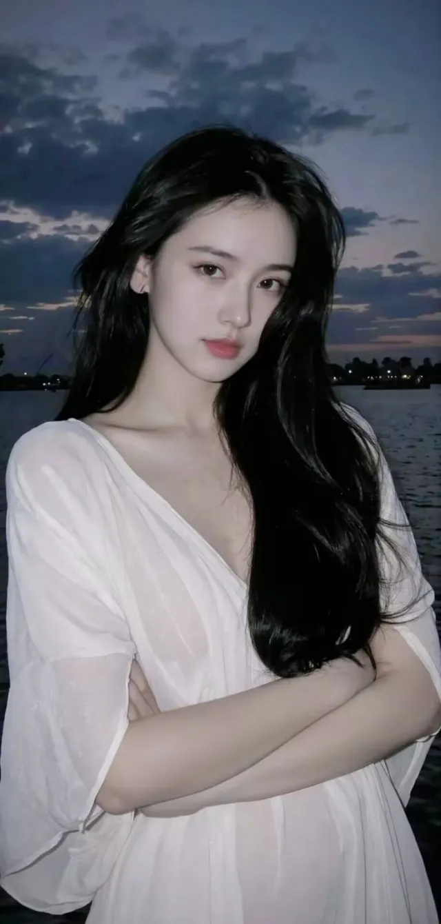 美女白色连衣裙湖边夜景温柔人物手机壁纸