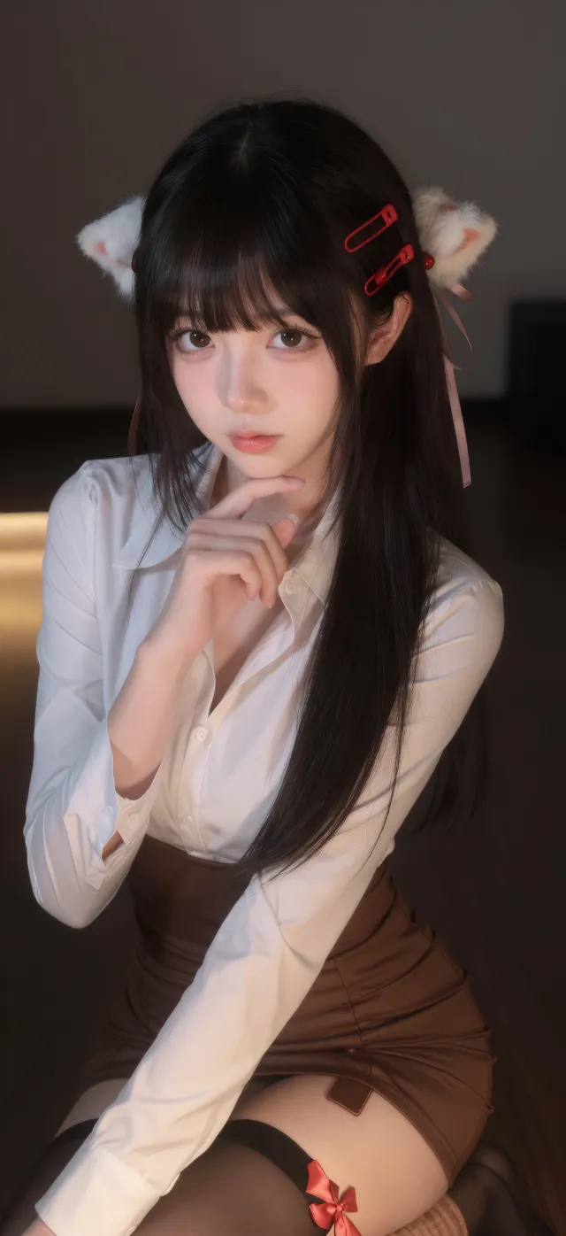 美女戴猫耳发饰穿白衬衫棕裙摄影手机壁纸