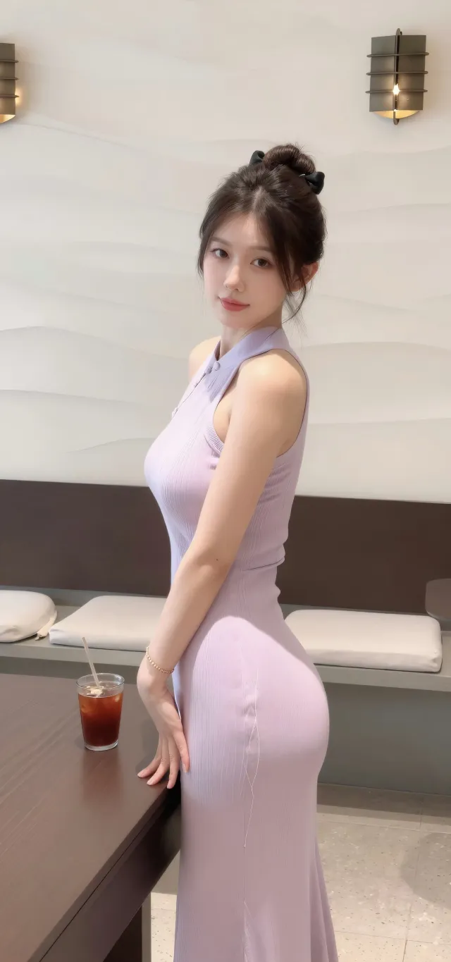 美女紫色挂脖长裙侧身站立优雅气质人物摄影手机壁纸