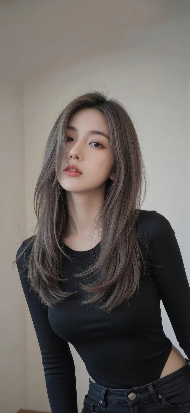 灰棕长发美女黑色紧身衣优雅写真手机壁纸