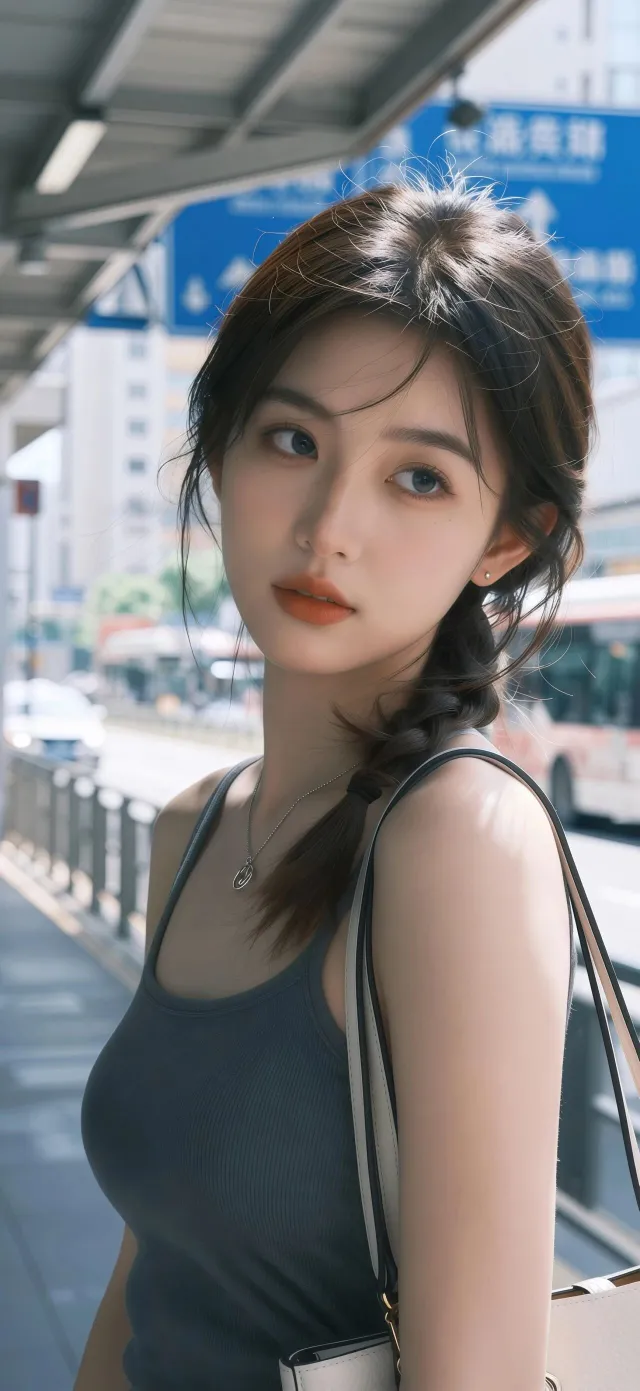 灰色背心美女街头回眸自然光影人物摄影手机壁纸