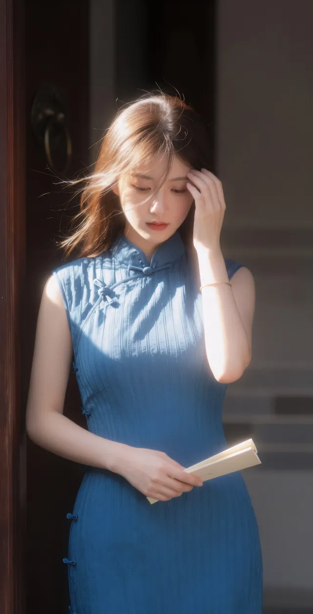 蓝色旗袍折扇古门回眸美女手机壁纸