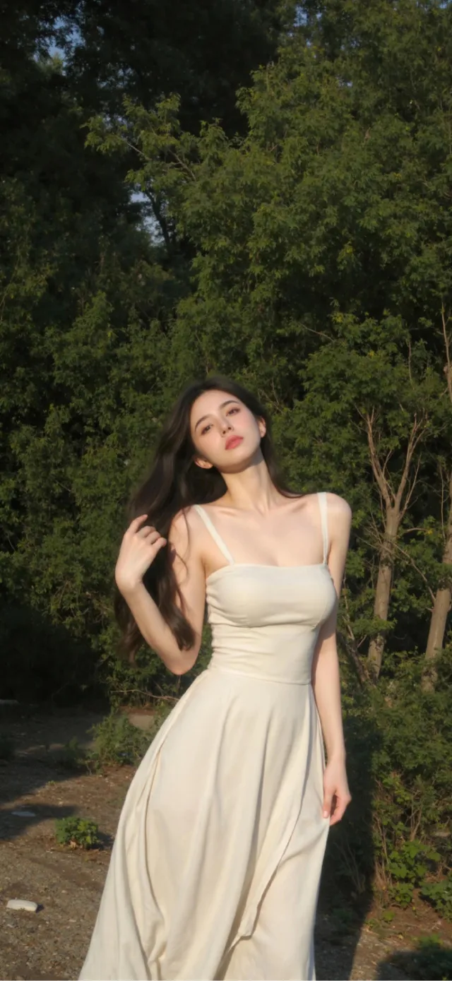 森林中穿米色吊带裙女生手机壁纸