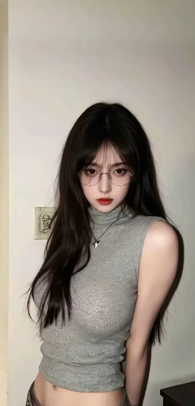灰色高领无袖美女眼镜造型知性风格美女手机壁纸