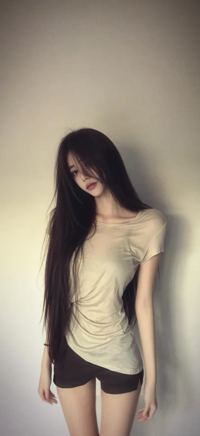 超长直发米色T恤清爽街拍美女手机壁纸