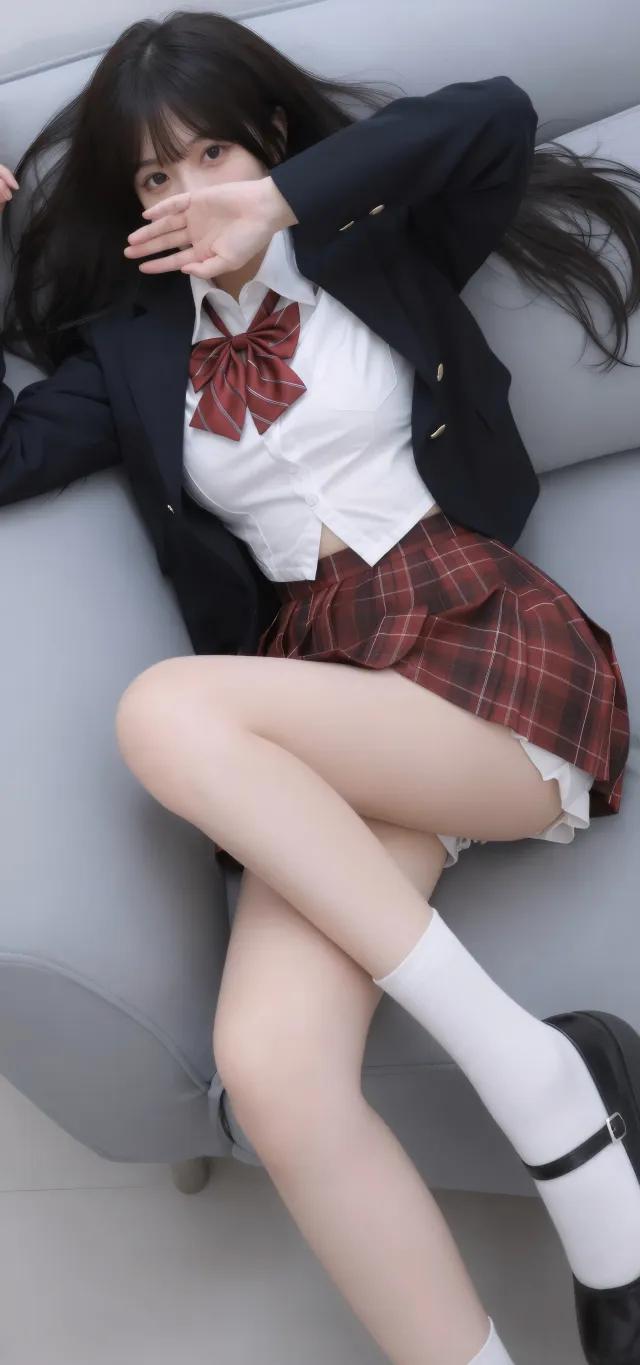 校服短裙美女躺沙发遮脸俏皮校园风人物摄影手机壁纸