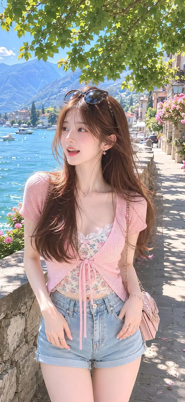 科莫湖粉色开衫碎花吊带度假风美女手机壁纸