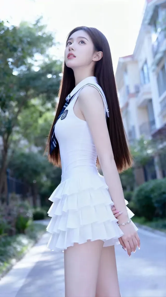 美女白色无袖连衣裙绿树街道侧颜杀清新人物摄影手机壁纸