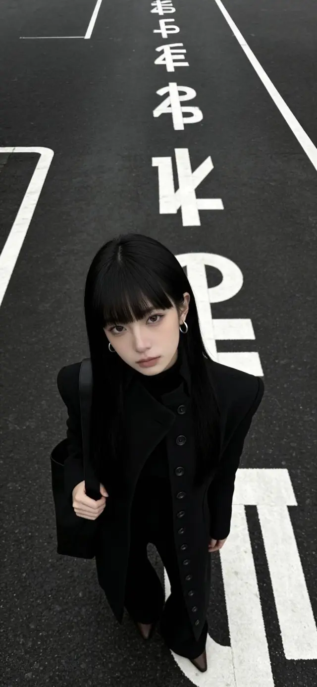 黑衣长发俯拍马路街拍美女手机壁纸