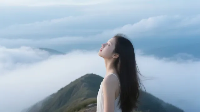 白衣女性山巅闭目云海缭绕治愈风景人物电脑壁纸