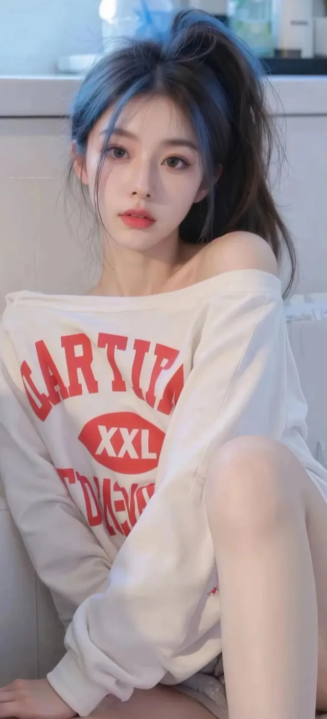 蓝发女子穿白色露肩卫衣室内美女手机壁纸