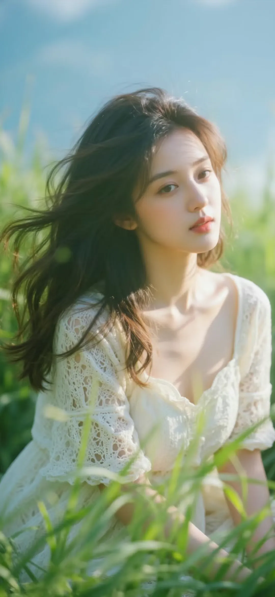 清新少女草地微风写真手机壁纸