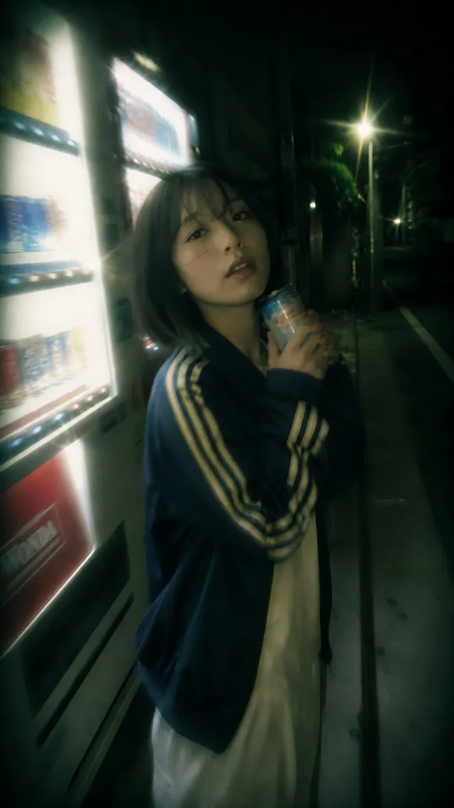 短发美女倚靠自动贩卖机手持饮料夜景氛围感人物摄影手机壁纸