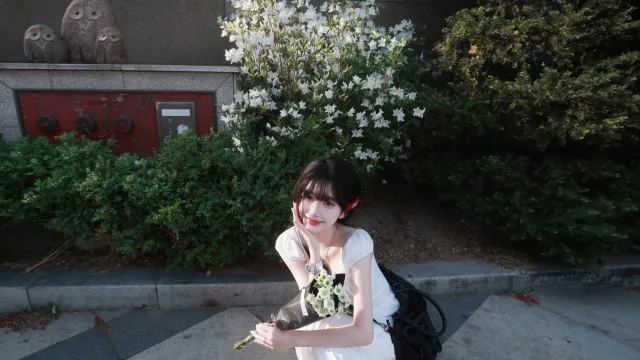 短发美女身穿白色连衣裙手捧雏菊花束蹲坐于开满白花的灌木丛前笑容甜美清新自然人像摄影电脑壁纸