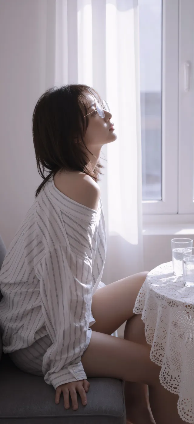 圆框眼镜条纹美女窗边柔光清新人像手机壁纸