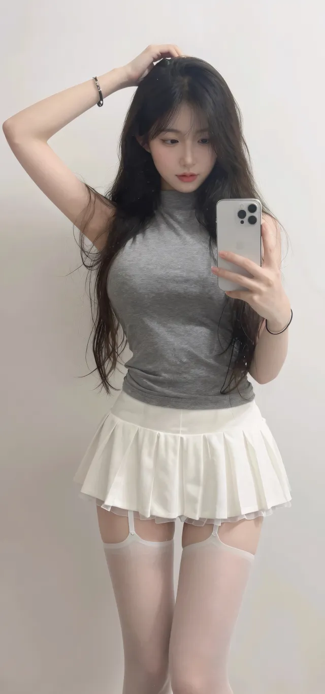 室内自拍灰色上衣百褶裙美女摄影手机壁纸