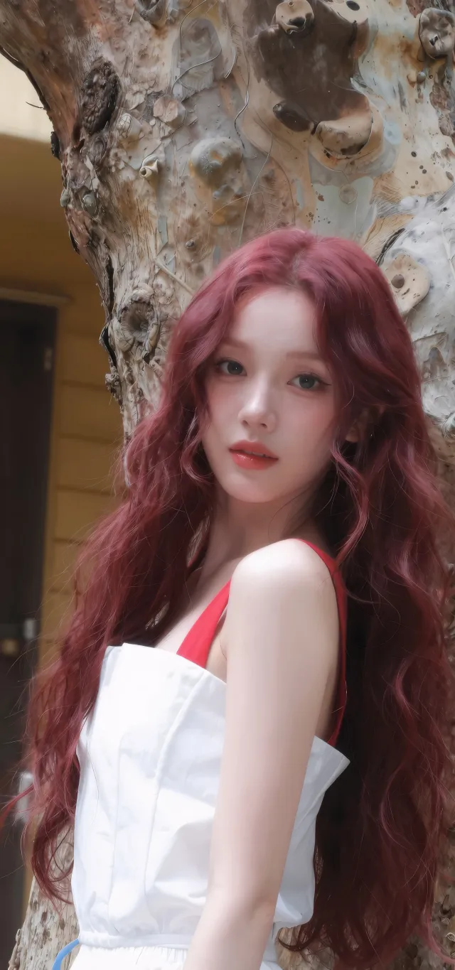 红发美女倚靠树干回眸甜美人像手机壁纸