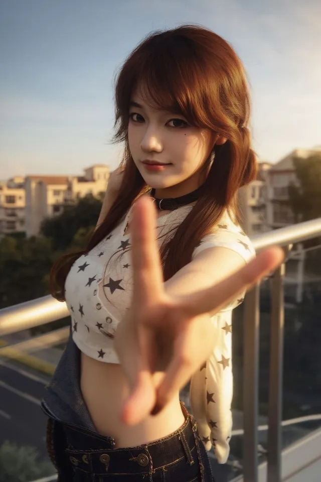 棕发比耶星纹上衣甜美美女手机壁纸