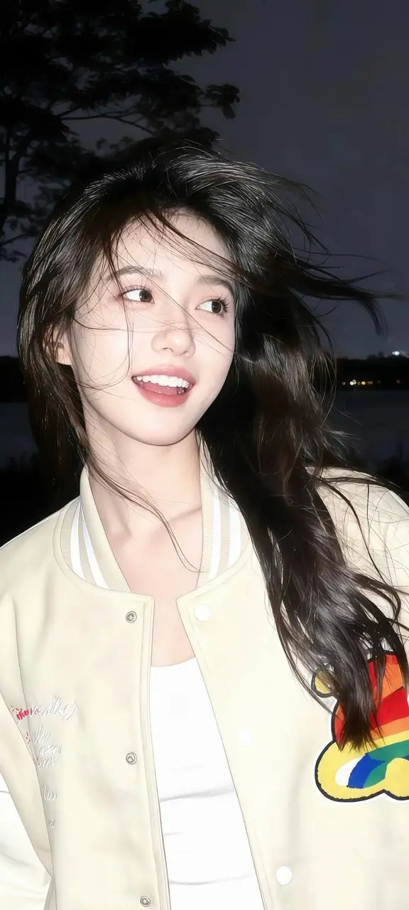夜风中长发飞扬少女微笑米色棒球服彩虹刺绣手机壁纸