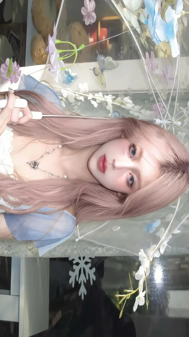 粉色长发少女手持透明花伞梦幻写真手机壁纸
