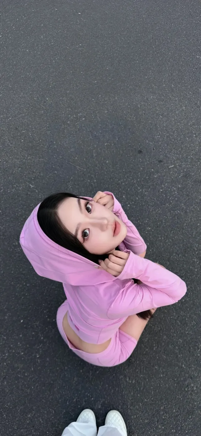 粉色连帽运动服俯拍仰望美女手机壁纸