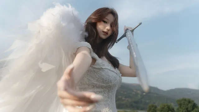 美女天使白翼持剑伸手蓝天户外人像摄影电脑壁纸