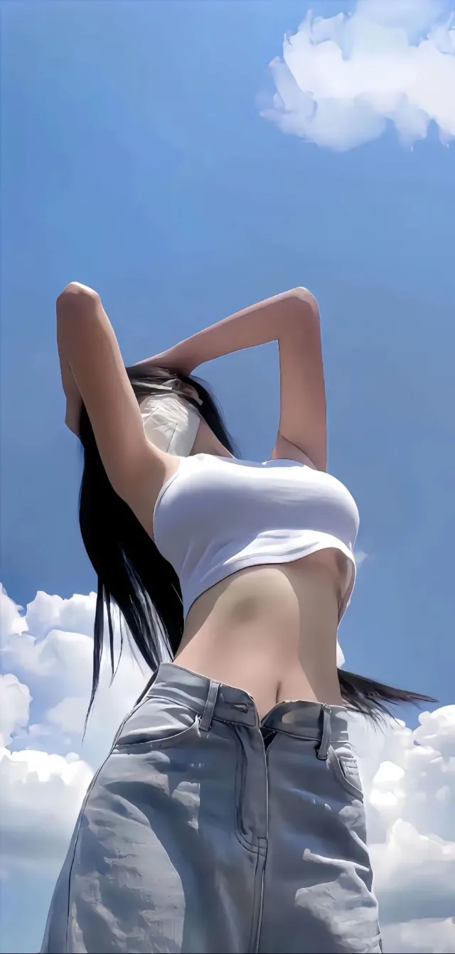 美女穿白背心牛仔裤仰头望天美女手机壁纸