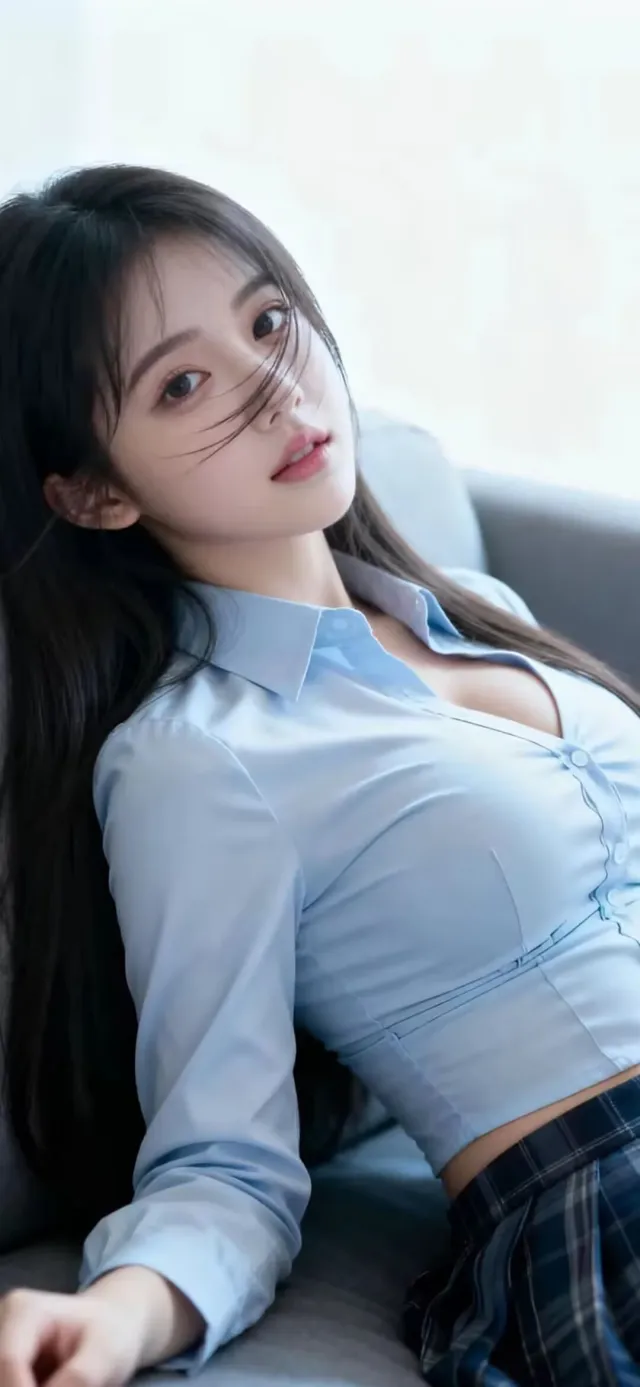 蓝衬衫格子裙美女沙发侧躺纯欲手机壁纸