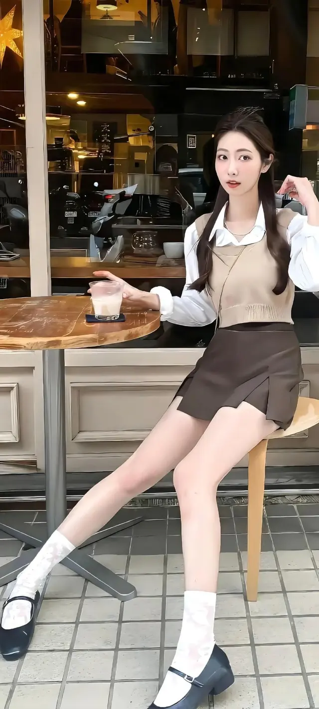 咖啡厅女子米色背心短裙优雅坐姿人物手机壁纸