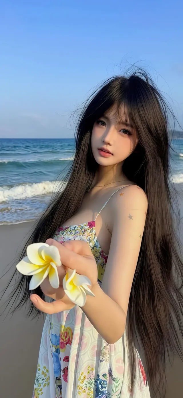 海边长发少女手持鸡蛋花碎花吊带裙手机壁纸