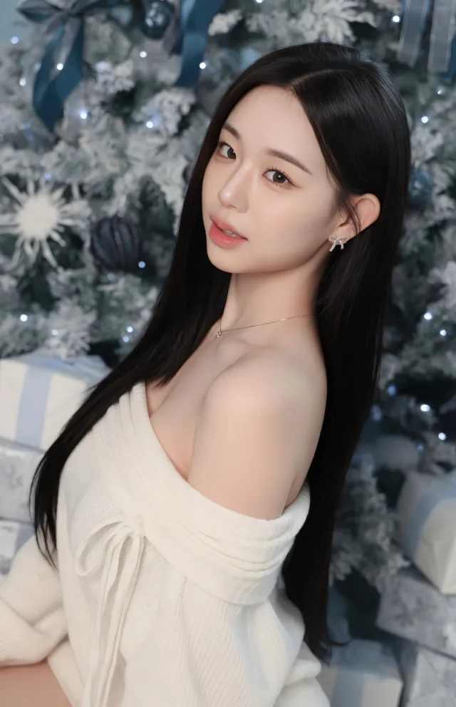 长发美女侧身微笑穿白色露肩毛衣圣诞树背景节日人物摄影手机壁纸