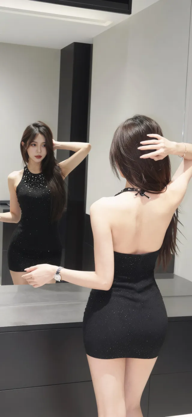美女黑色亮片露背短裙对镜整理发型时尚人物摄影手机壁纸
