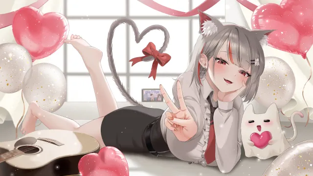 猫耳少女比耶爱心气球粉白动漫电脑壁纸