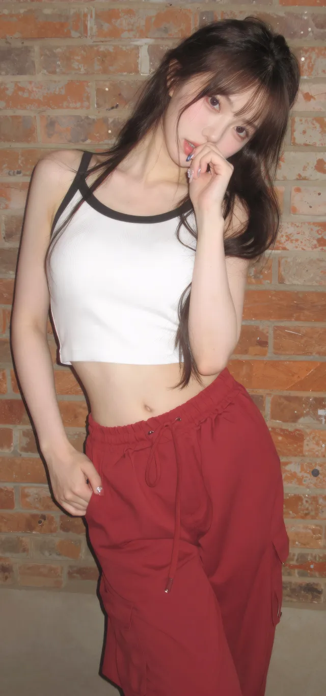 白背心红裤少女倚砖墙慵懒风手机壁纸