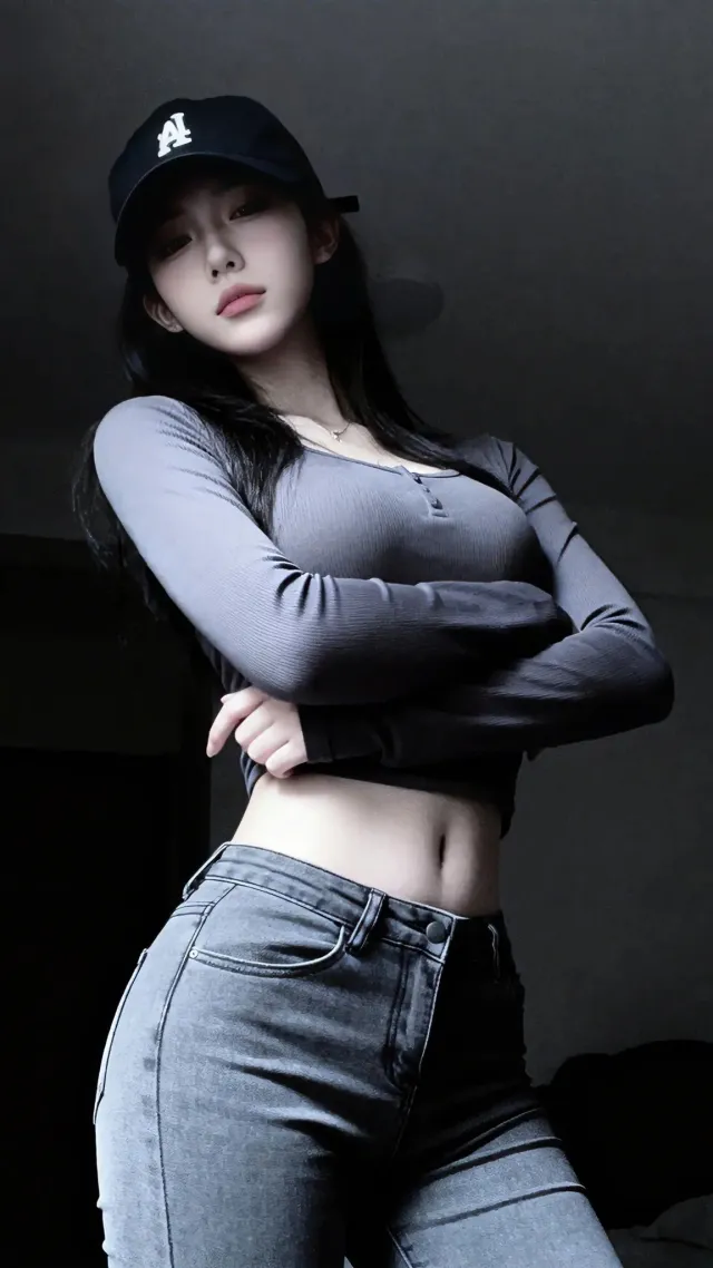 黑帽灰露脐上衣女生侧身摆拍人物手机壁纸