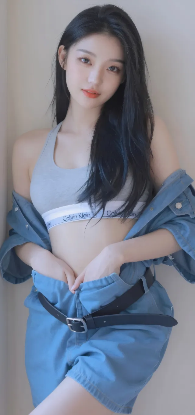黑发美女浅蓝上衣户外俏皮人像手机壁纸