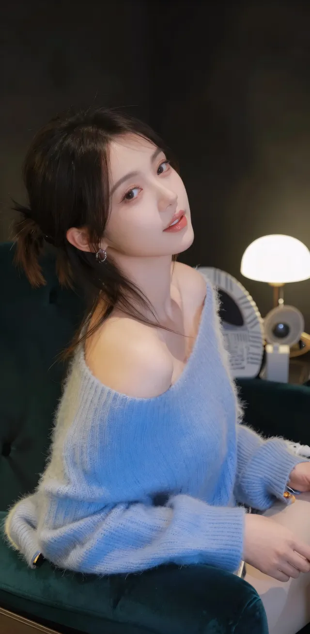 美女穿蓝色露肩毛衣坐绿色沙发人物手机壁纸