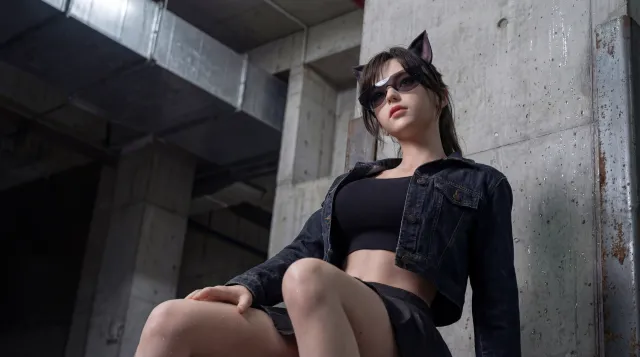 猫女造型黑衣少女戴墨镜猫耳坐姿工业风暗灰人物摄影电脑壁纸