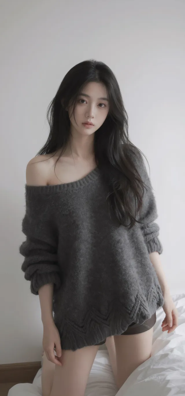美女穿灰色露肩毛衣室内摄影手机壁纸