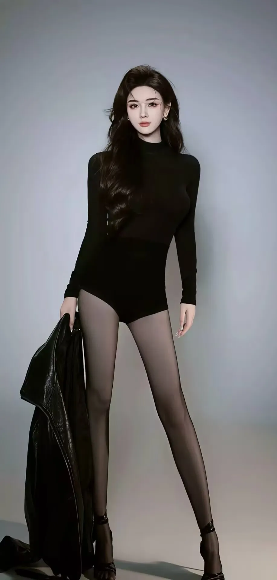黑长卷发美女黑色紧身衣持皮衣写真手机壁纸