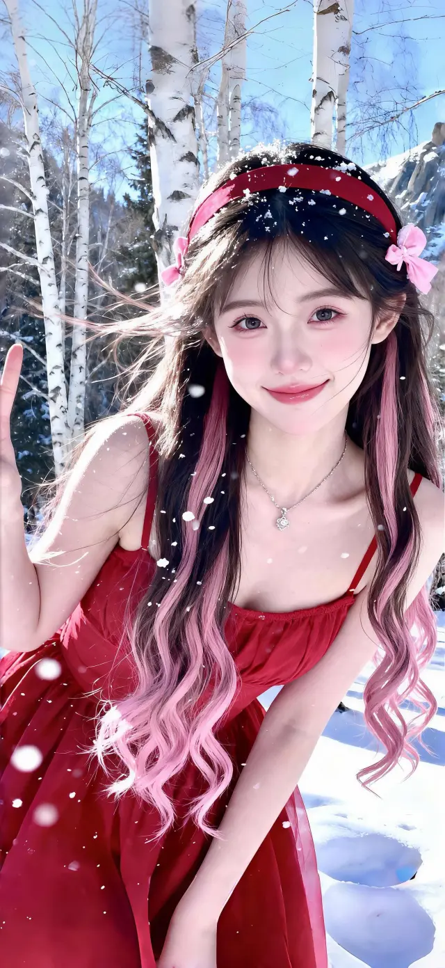 美女红裙粉发雪景白桦林甜美人像手机壁纸