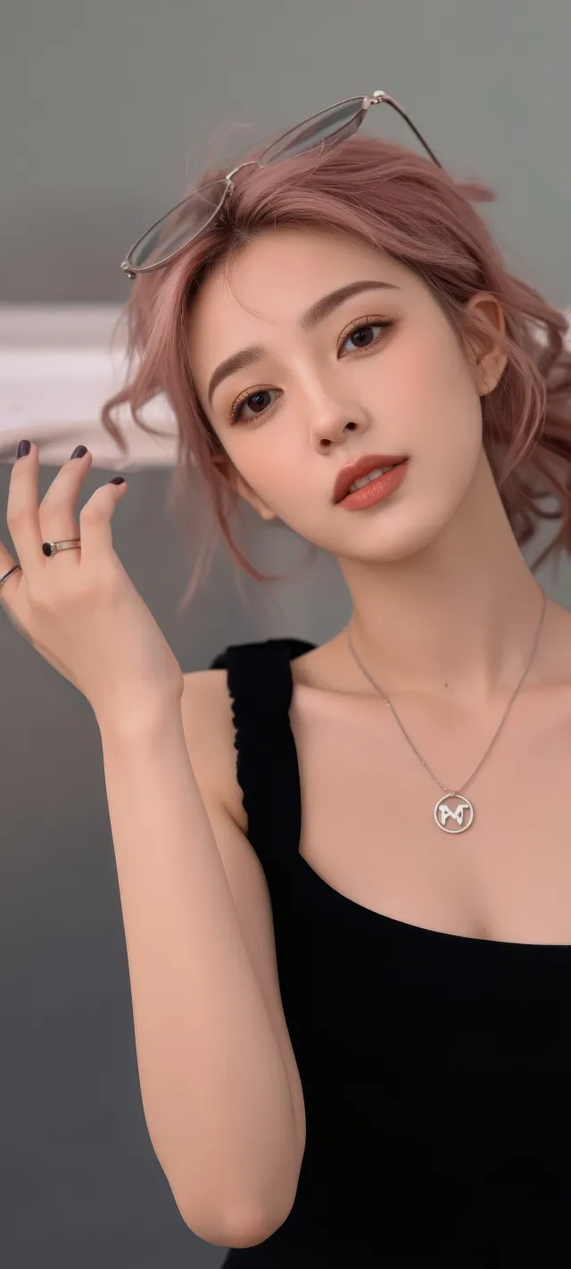 粉发美女戴墨镜黑吊带时尚人物摄影手机壁纸