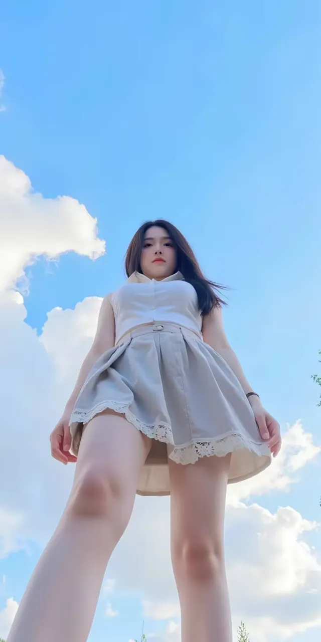蓝天白云下少女低角度仰拍清新穿搭手机壁纸