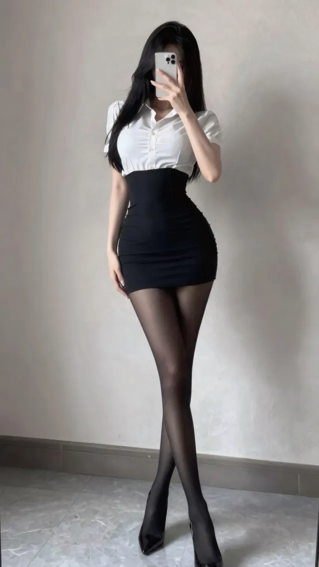 白衬衫黑短裙美女镜前自拍人物手机壁纸