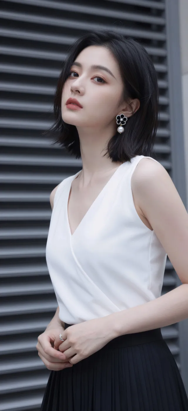 短发白衫黑裙气质耳环美女手机壁纸