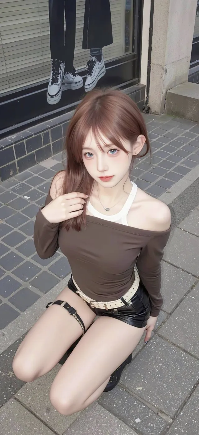 棕发跪姿露肩甜酷街拍美女手机壁纸